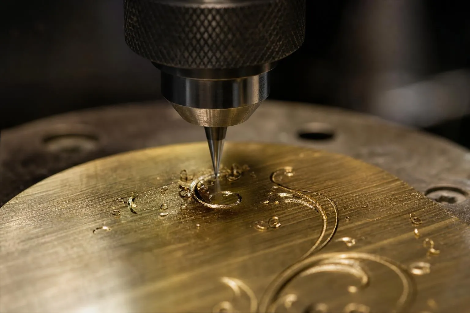 Graviermaschine graviert ein Ornament in eine Messingplatte