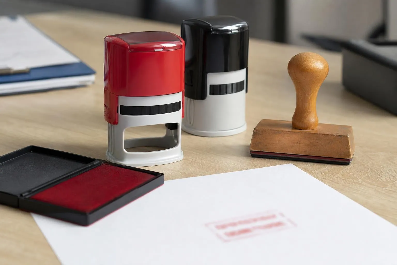 Zwei Selbstfärbe-Stempel, ein Holzstempel und ein Stempelkissen auf einem Schreibtisch
